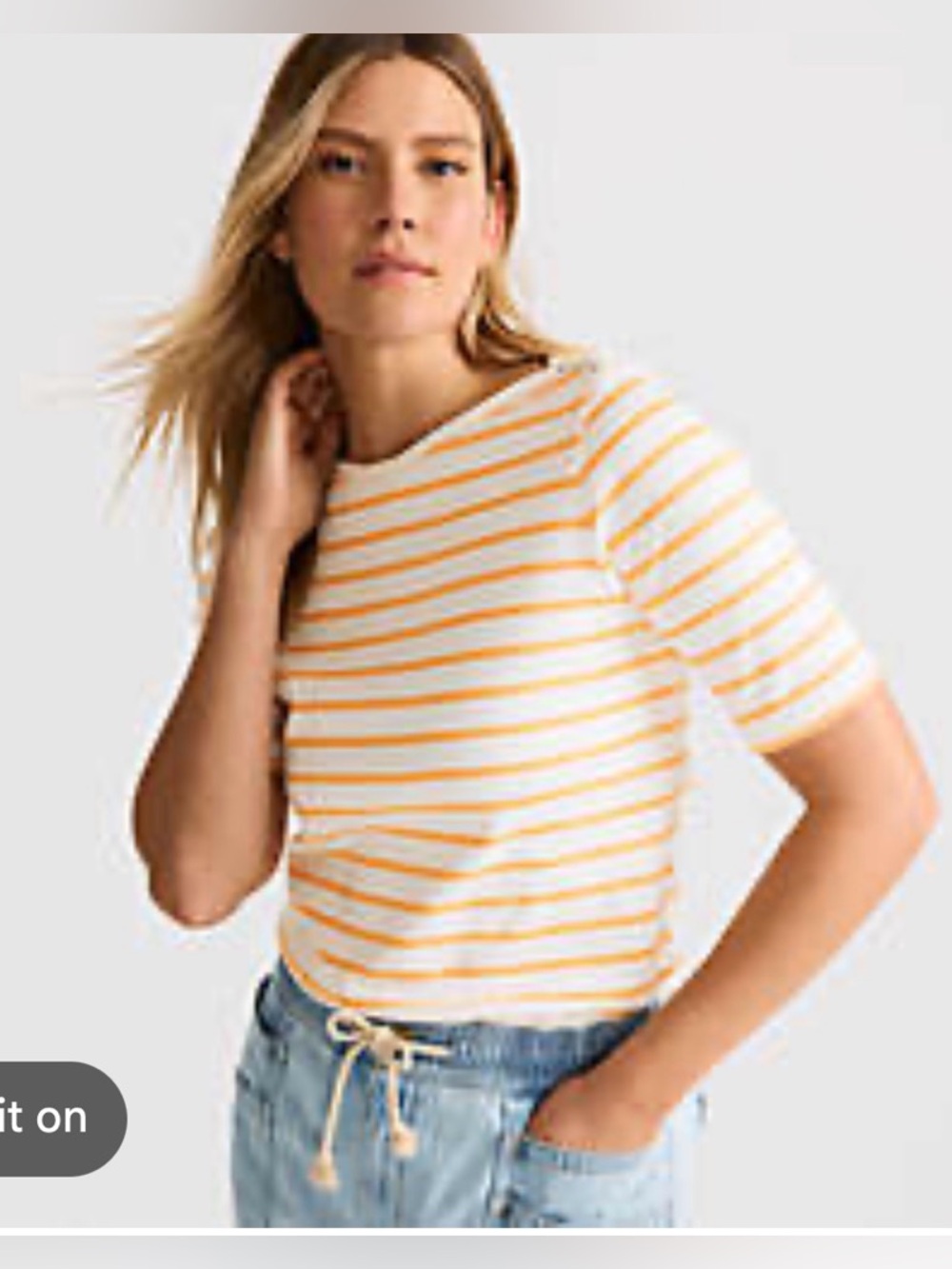 Lands’ End Supima Cotton Boat Neck Top Yellow Stripe Button Shoulder M